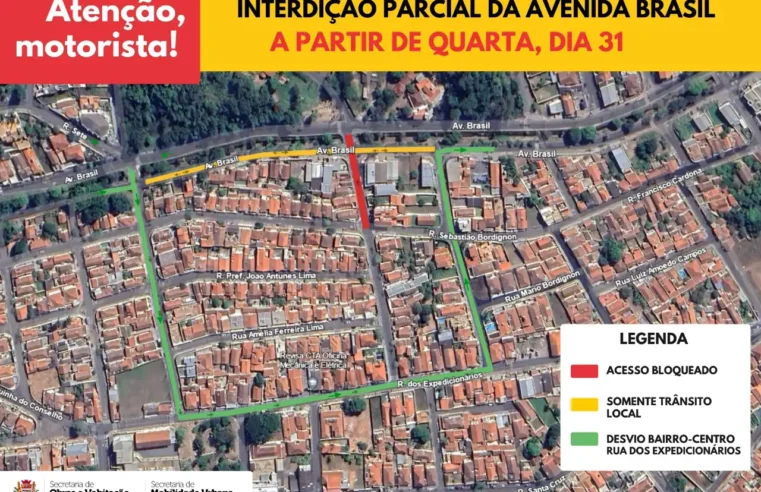 Trecho da Avenida Brasil estará interditado nesta quarta-feira