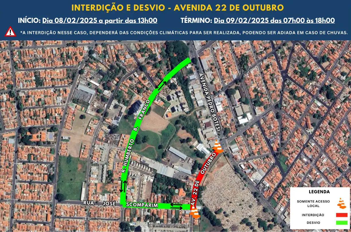 Trecho da Avenida 22 de Outubro será interditado no fim de semana