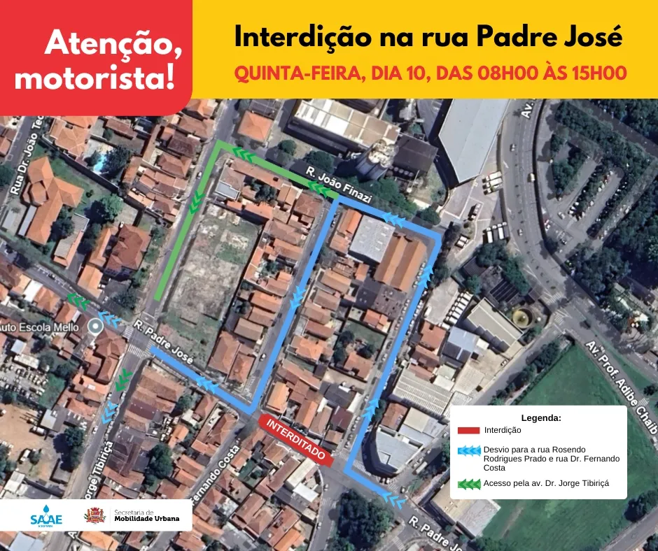 Ruas Padre José e Aquiles Albano terão trechos interditados, nesta quinta-feira