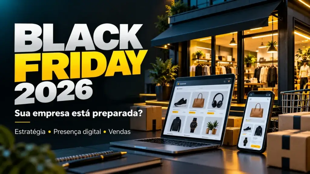 Black Friday 2026: sua empresa está preparada? Loja integrada a notebook e celular com vitrines de comércio eletrônico.